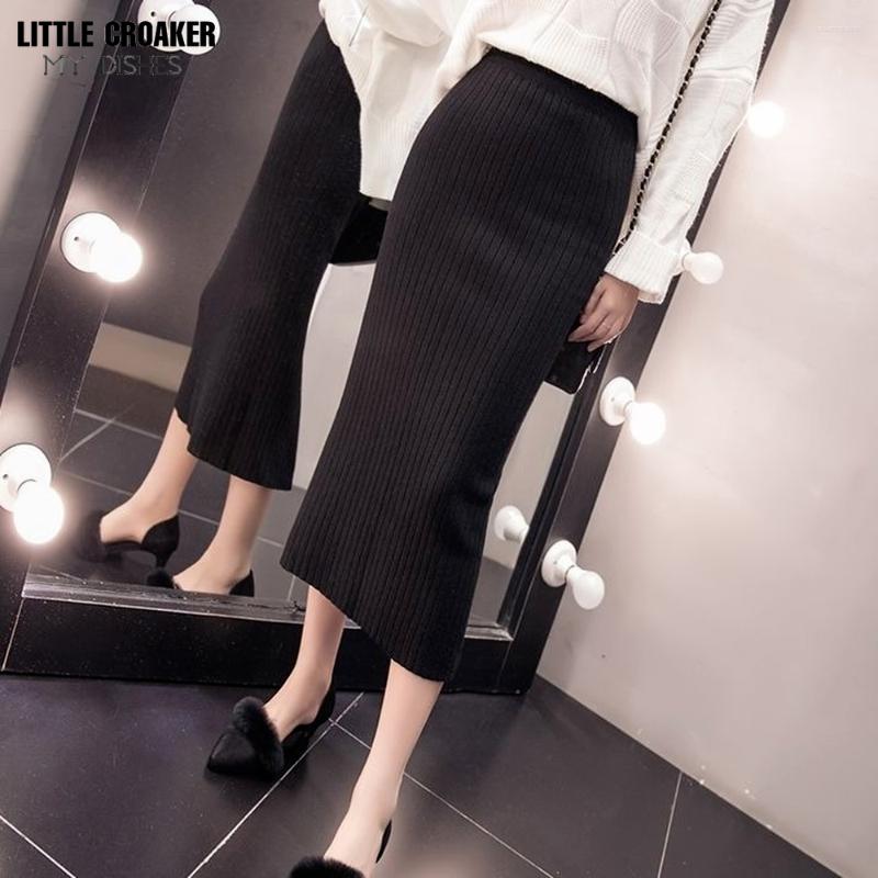 

Skirts Women Autumn Winter Mid-calf Vintage Korean Slimming Knitting A-line Fashion Lace-up Black Elegant Mujer Faldas Chic, Black 75cm