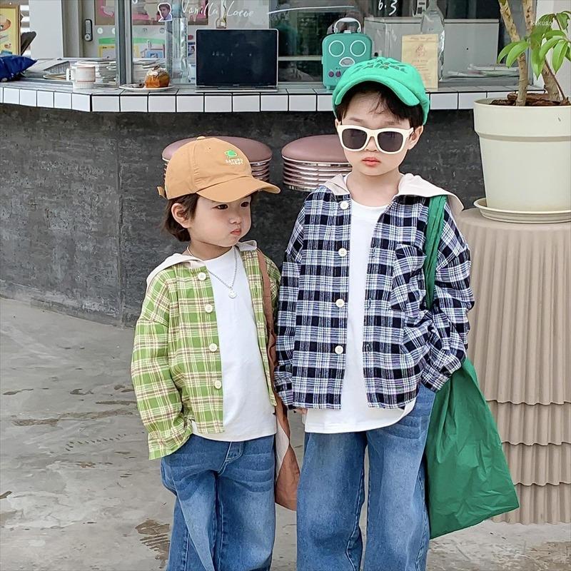 

Jackets 2023 Autumn Boys And Girls Casual Plaid Hooded Fashion Cotton Short Style Coats Kids Outerwear, Black