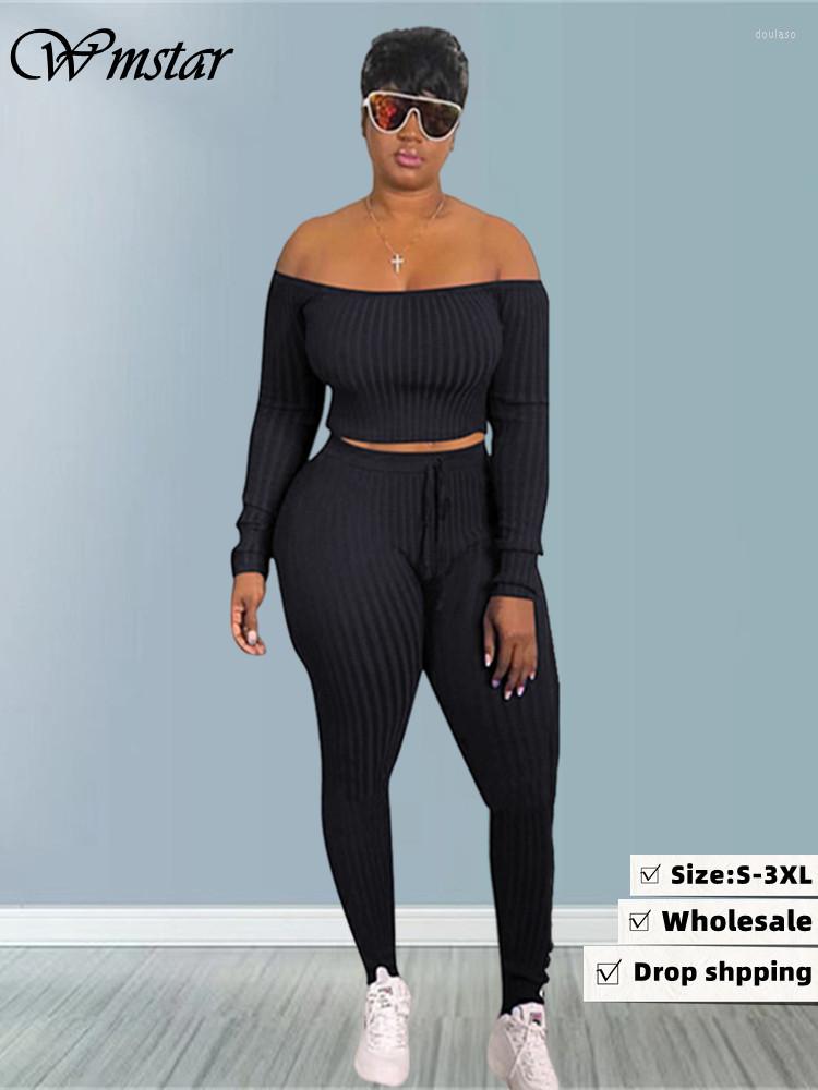 

Women' Two Piece Pants Wmstar Outfits Tracksuit Women Bodycon Ribbing Solid Casual Matching Set Fall Clothes Wholesale Drop -3XL, Black