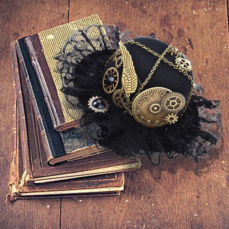 

Berets Black Steampunk Mini Top Hat Lolita Head Gear Hair Clip Tiny Bowler Accessores Surprise Gift For Valentine Day
