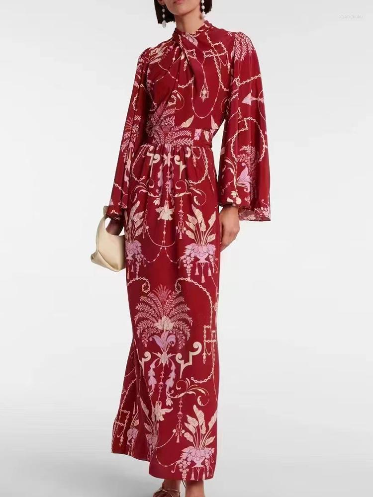 

Casual Dresses 2023 Autumn Vintage Long Dress Women Red Flower Printed Belt High Quality Elegant Designer Fashion Party, Claret