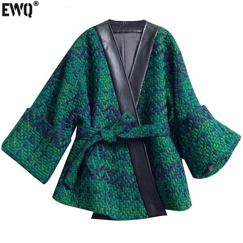 

Women's Knits Tees EWQ Knitted Patchwork Top Tweed Jackets Women Winter Spring Coats Long Sleeve Pu Leather V Neck Green Outerwear 16Y3430 230202