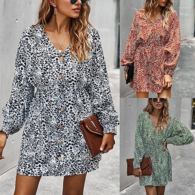 

Casual Dresses ASDS-Autumn Floral Elegant Women Dress Long Sleeve Beach Boho Loose Lace Up Sexy Woman, Green