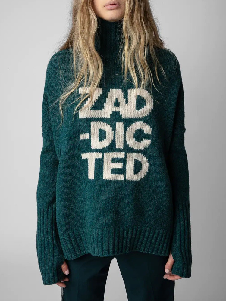 

Women's Sweaters 100% Wool Women Turtleneck Sweater Letter Print Long Sleeve Loose Cuffs Slit Female Casual Jumper Autumn Winter 230202, Green