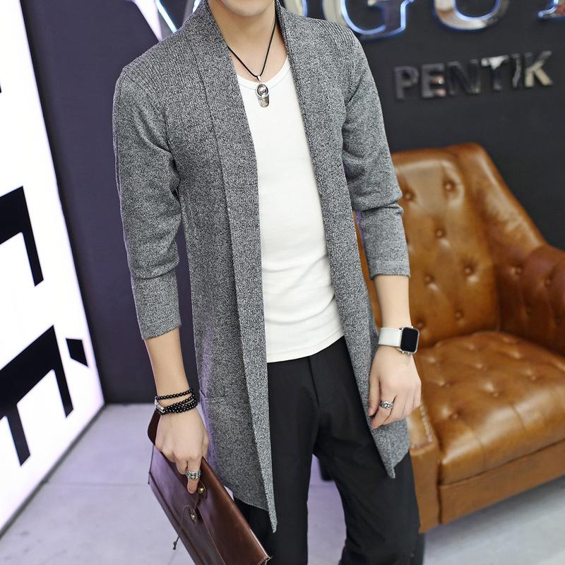 

Men's Sweaters Long Knitted Cardigan Jacket Long-sleeved Solid Color Stretch Fashion Autumn And WinterMen's, Black