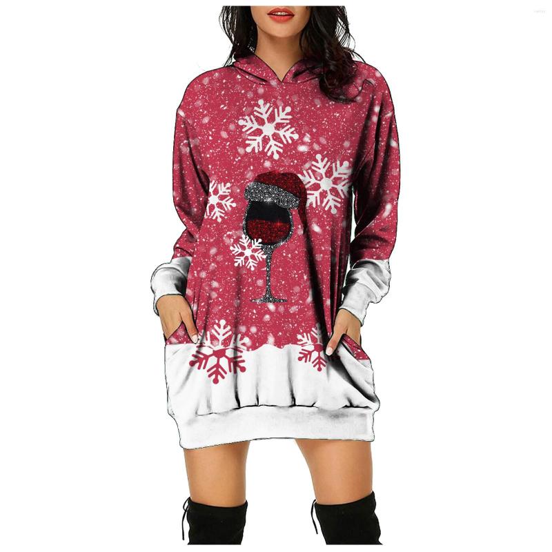 

Casual Dresses Women Christmas Dress Winter Bag Hip Pocket Wine Glass Print Long Sleeves Hoodie Sweatshirts Xmas Party Mini, Black
