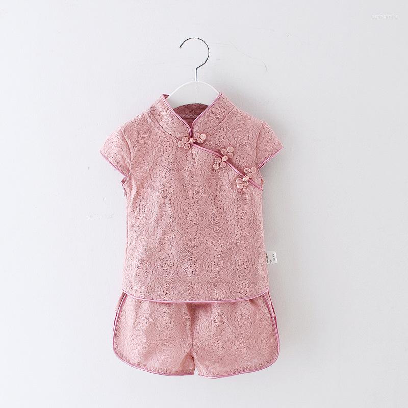 

Clothing Sets Girl Summer Clothes Set Sweety Girls Short Sleeve Butterfly Button Top Shorts Cotton Lace Flower Embrioderied 2pcs Suits, Pink