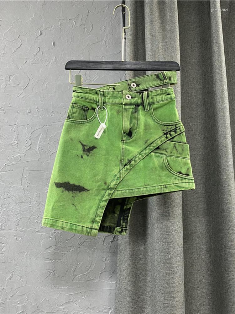 

Skirts PREPOMP 2023 Summer European Style Green Denim Women Fashion Double Personalized Waist Asymmetric Mini Skirt GF103