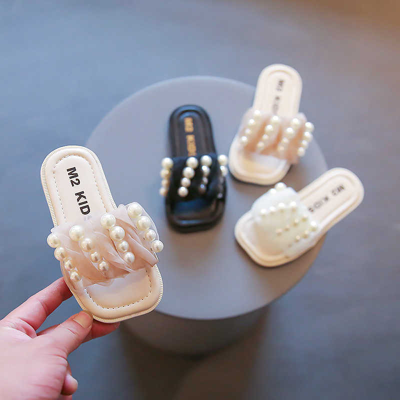 

Slipper Girls Baby Slippers Children Soft Sole Pearl Princess Outer Flat Shoes 0203, Ivory