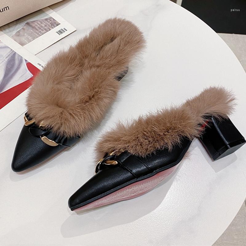 

Slippers Womens High-heeled Shoes Lady Cowhide Real Wool Half Tow Women Fashion Heel Black Leather Home Indoor Size 35-42