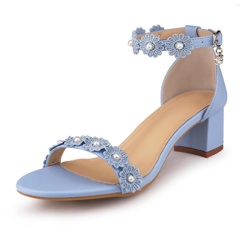 

Sandals 2023 Women Wedding Shoes Bride Summer Block Heels For Designer Rhinestone Pearl Flower Ankle Buckle Ladies Pumps, White 6cm