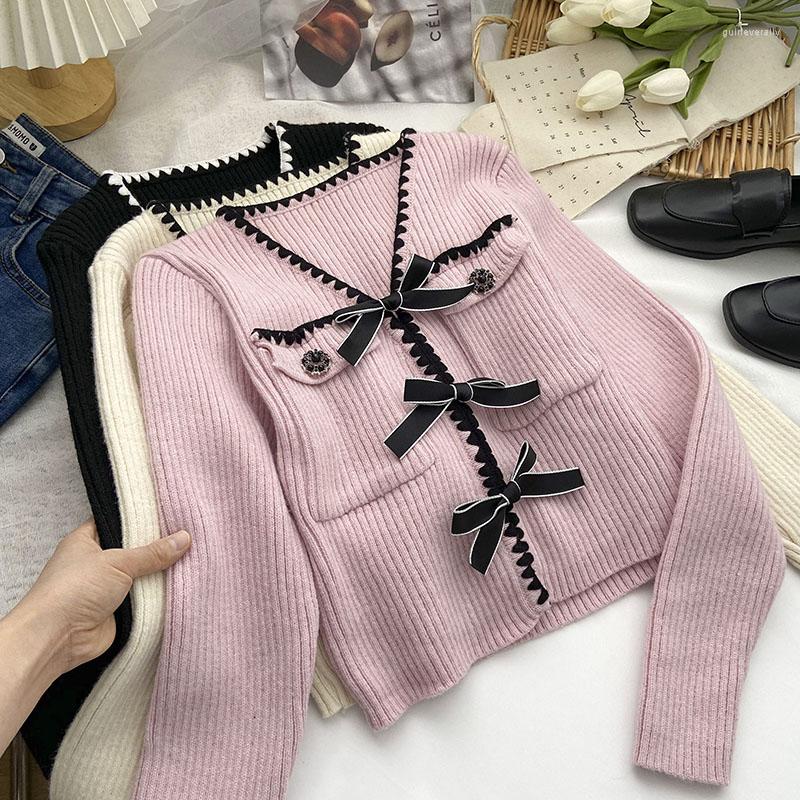 

Women's Knits Knitted Sweater Autumn Pockets Cardigan Color Blocking Bows Sweaters Female Casual Ladies V-Neck Women Clothes Drop, Black