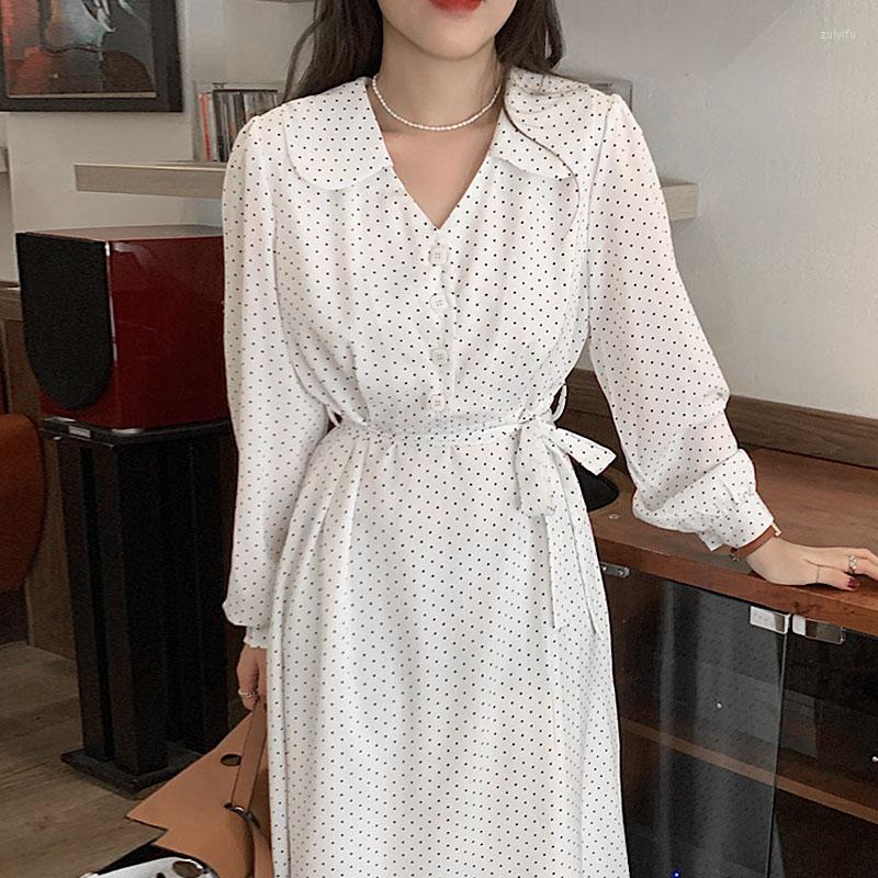 

Casual Dresses Long Sleeve Vintage Autumn Elegant Luxury A-Line High Waist Party 2023 Polka Dot Women Chiffon Dress Spring Woman Femme, White
