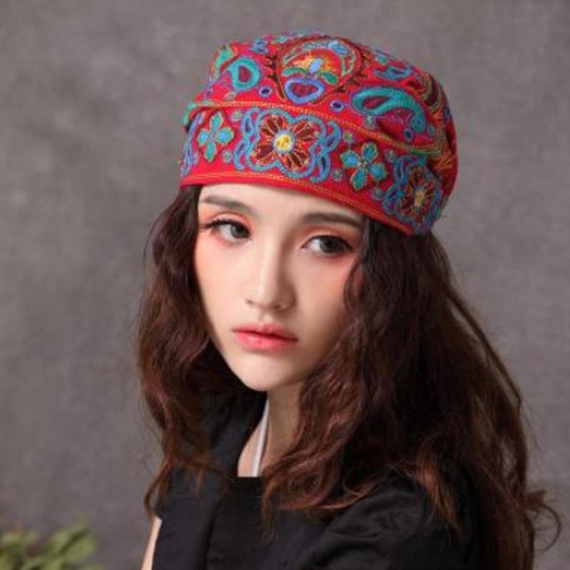 

Stingy Brim Hats 1Pcs Women Embroidery Fedoras Mexican Vintage Style Turban Cap Ethnic Red Print For Fashion Accessories, Black