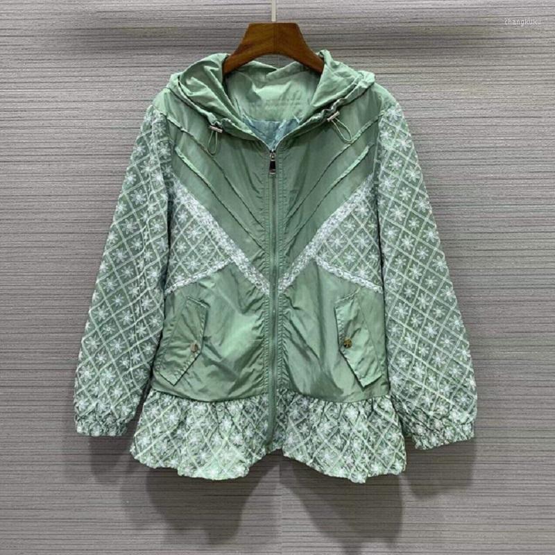 

Women' Jackets Hooded Coat 2023 Spring Autumn High Quality Outerwear Women Allover Exquisite Embroidery Casual Green Blue Zip