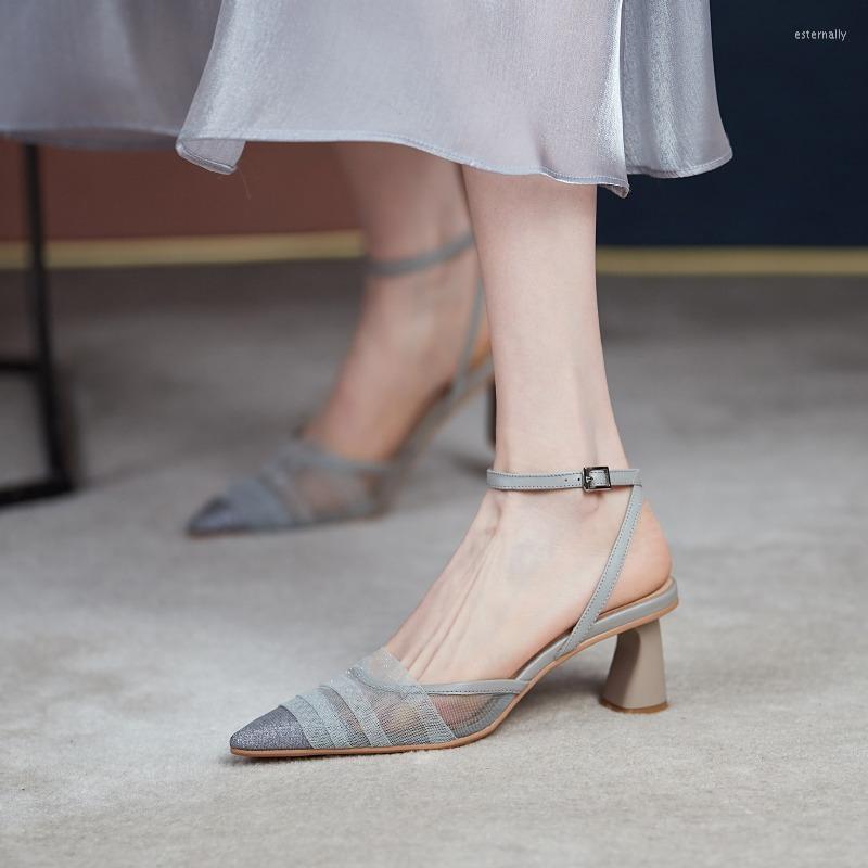 

Dress Shoes 2023 Summer Mesh Baotou Retro One-line Buckle Sandals Women Fashion Casual Pointed Toe Thick Heels Women's High-heeled, Grey
