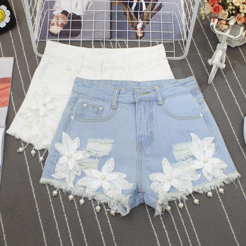 

Women's Shorts 2023 Summer High Waist Women Denim Flower Beading Tassels Hem Mini Pantalones Feminino, White
