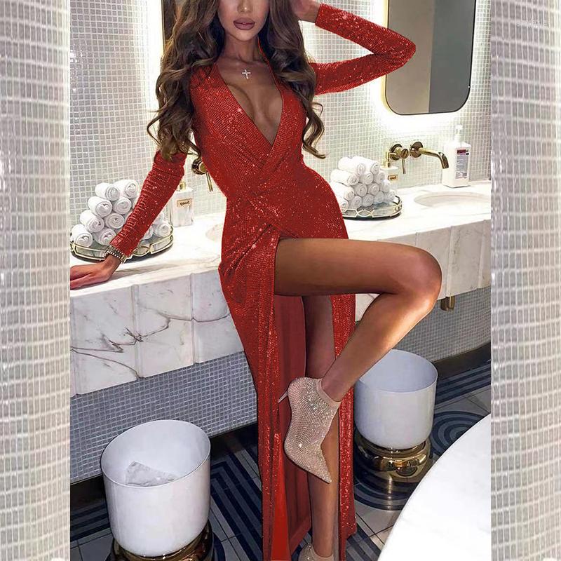 

Casual Dresses 2023 Autumn And Winter Solid Color V-neck Shiny Sexy Nightclub Skirt Slim Long-sleeved Dress Long Women, Black