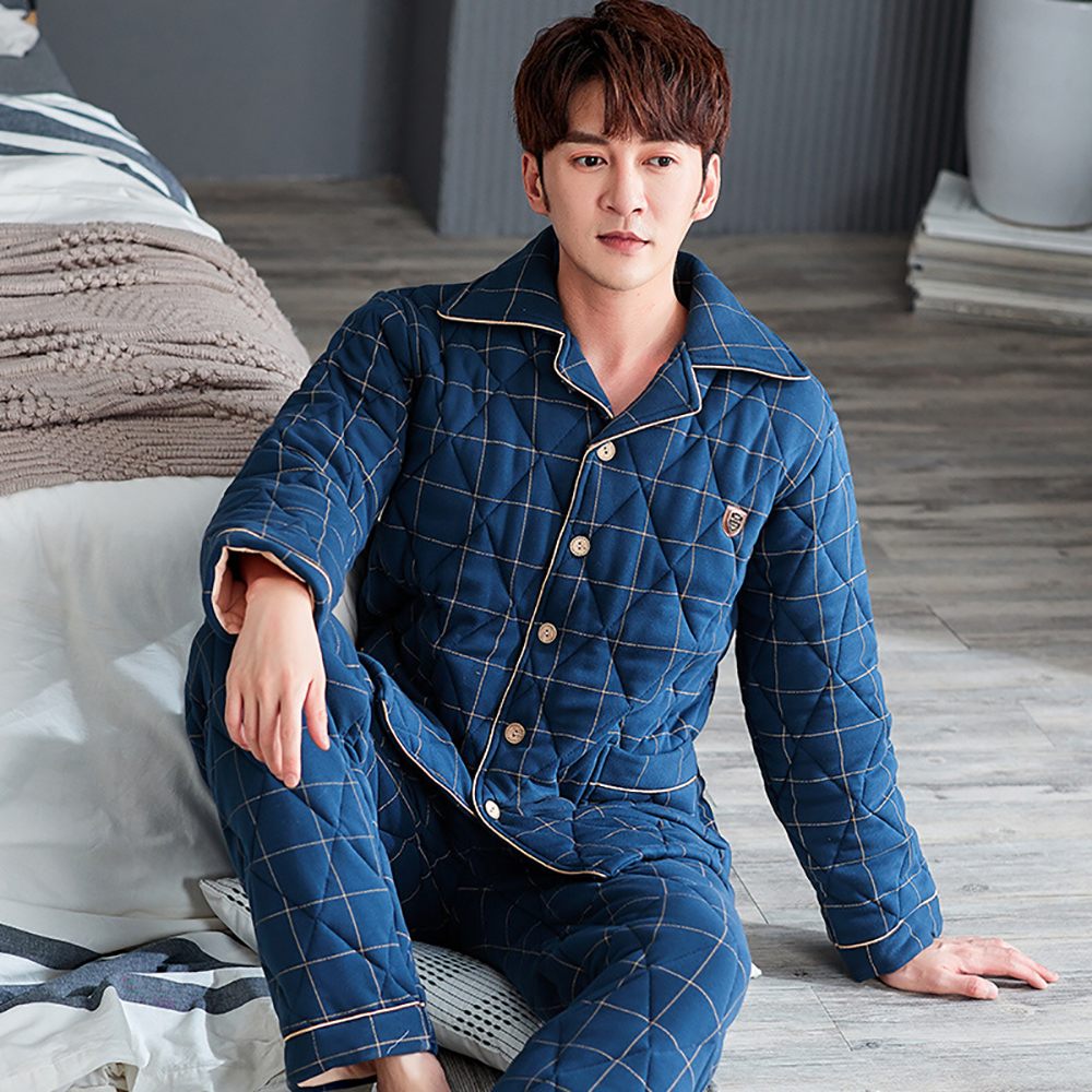 

Men's Sleepwear Casual Plaid Pajama Sets Winter Pajamas Warm Thick 3layer Cotton Large Size Pijama With Long Pants Home Wear 230202