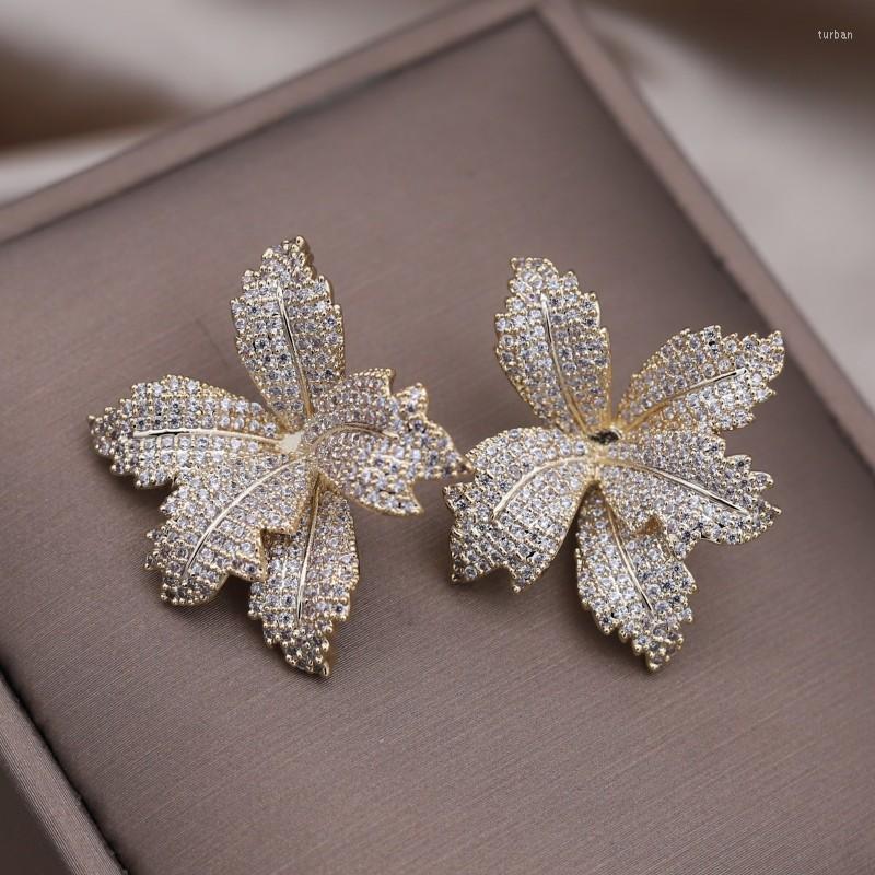 

Stud Earrings South Korea Design Fashion Jewelry 14K Gold Plated Leaf Flower Full Zircon Luxury Women's Evening Accessories