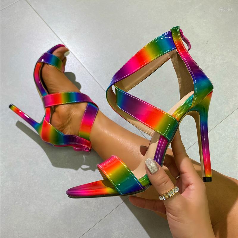 

Sandals Summer Pointy Open Toe Rainbow Zipper Women's Cross Strap Hollow Ladies Shoes Stiletto Heels Gladiator Size 35-42, Multi