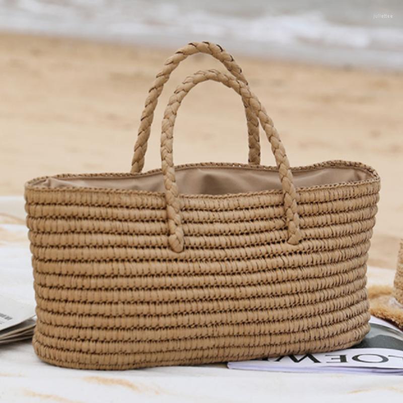 

Evening Bags Style Straw Bag Hand-made Woven Portable Vegetable Basket Women's Large Capacity Summer Beach, Khaki