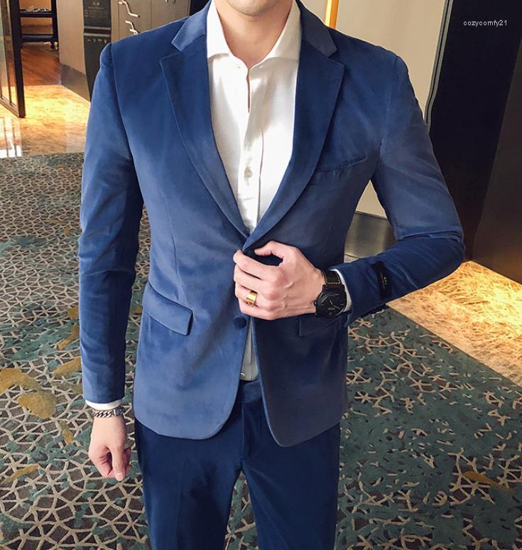 

Men's Suits 2023 Spring Korean Fashion Velvet Solid Slim Fit Mens Suit 2 Piece (Jacket Pants), Black