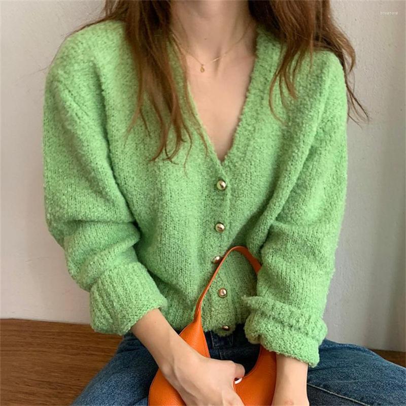 

Women's Knits Knitted Cardigan Korean Autumn Gentle V-neck Thin Single Breasted Loose Long Sleeved Sweater H1489, Green