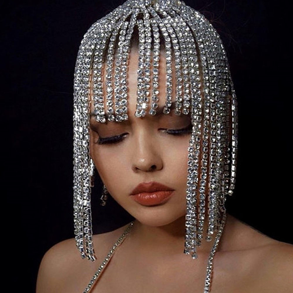 

Wedding Hair Jewelry Stonefans Flash Long Tassel Chain Head for Women Nightclub Crystal Headband Hat Bridal Headpiece 230202