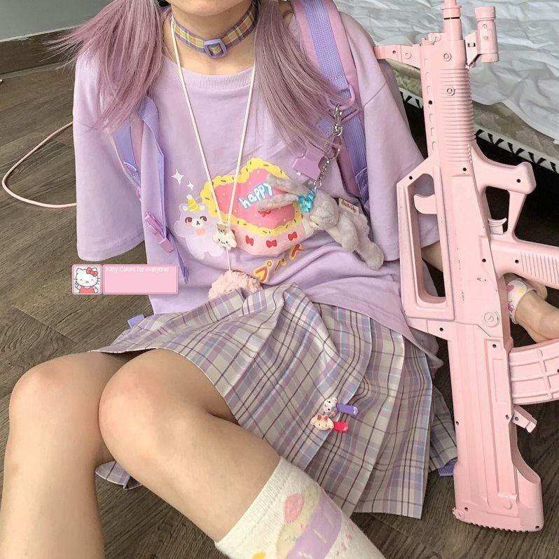 

Women' T Shirts Summer Japanese Cute Cartoon Planet Bear Print Loose Short-sleeved Harajuku Soft Girl JK Student Casual Tees Tops