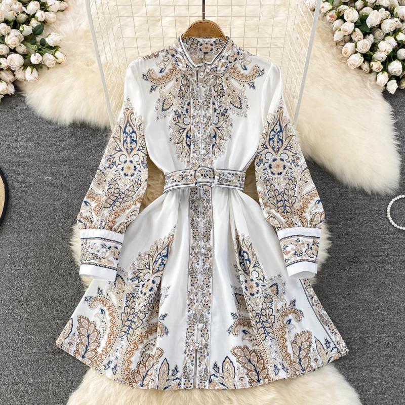 

Casual Dresses Spring Clothes For Women Single Breasted National Temperament Printed Stand Collar Dress Elegant, Beige