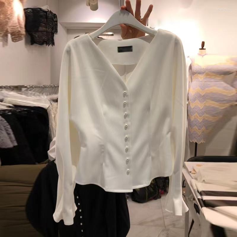 

Women' Blouses Casual Shirts Long Sleeve Womens Tops Loose Shirt Solid Button For Women Fashion 2023 Autumn V-neck White Cotton Top