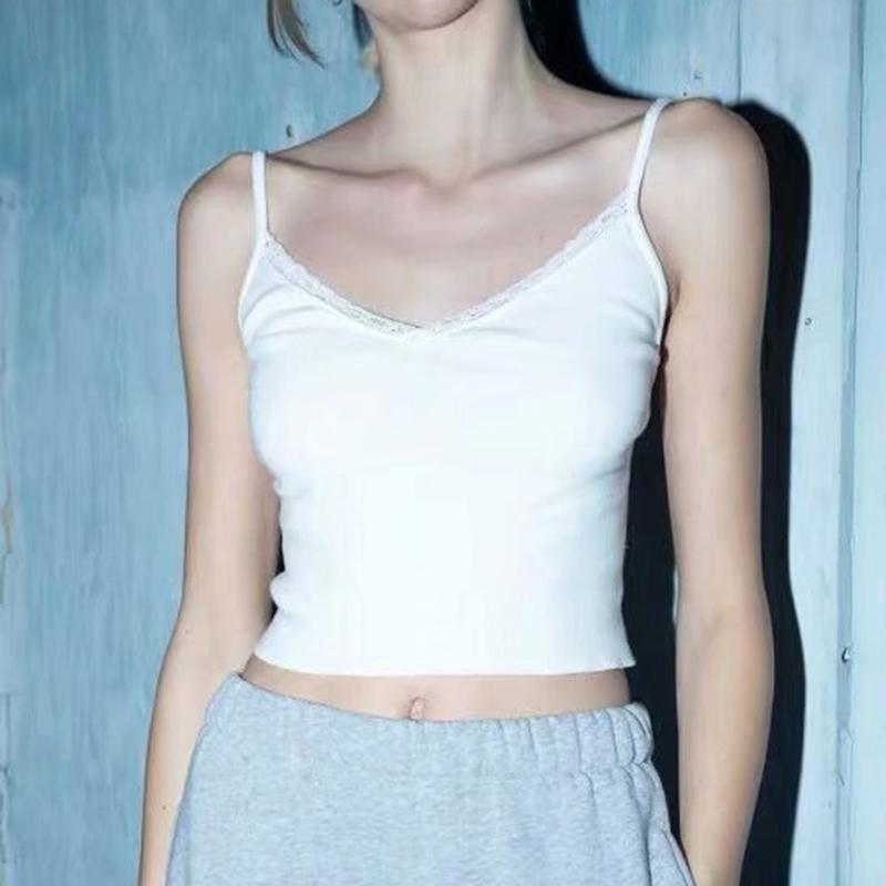 

Women' Tanks & Camis Summer Vest Sexy V-neck Fashion Spaghetti Straps Lace Stitching Exposed Navel Lightweight Short Slim Bottoming Camisol, White