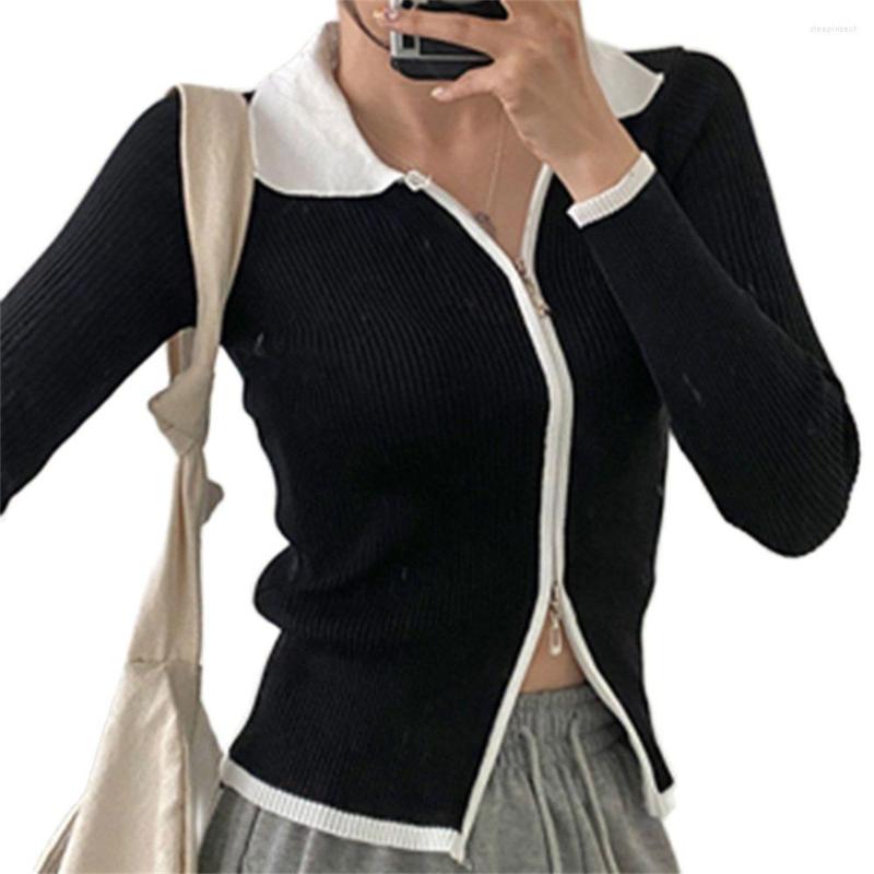 

Women' Knits Fashion Europe-USA Style Short Knit Outerwear Women Lapel Splicing Long Sleeve Slim Double Zipper Cardigan Sweater, Black