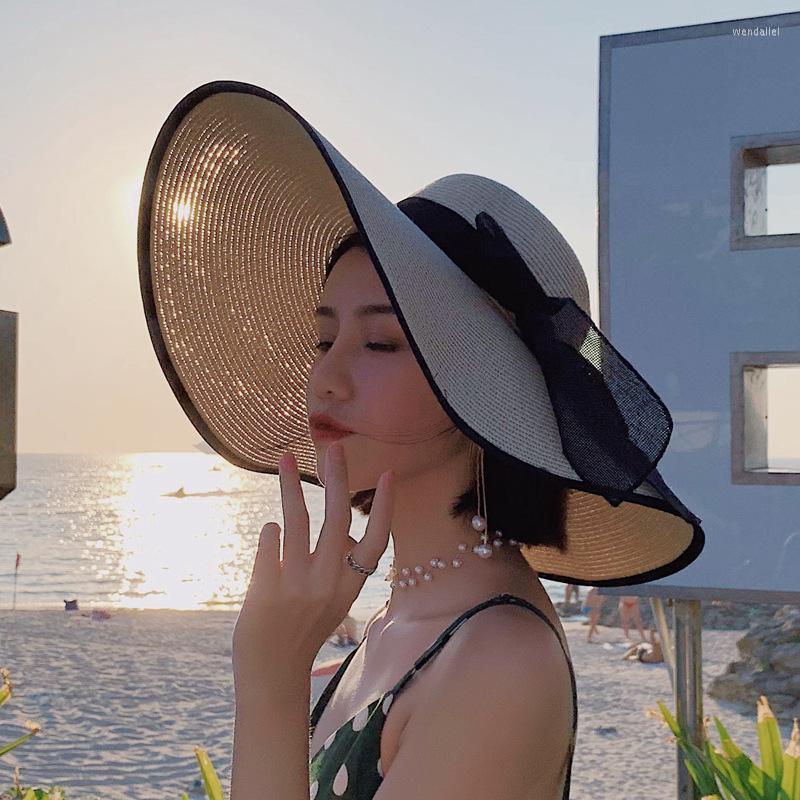 

Wide Brim Hats For Women Summer Holiday Beach Sun Big Eaves Straw Hat Panama Ladies Bow UV Protection Cap Chapeu FemininoWide Wend22, White