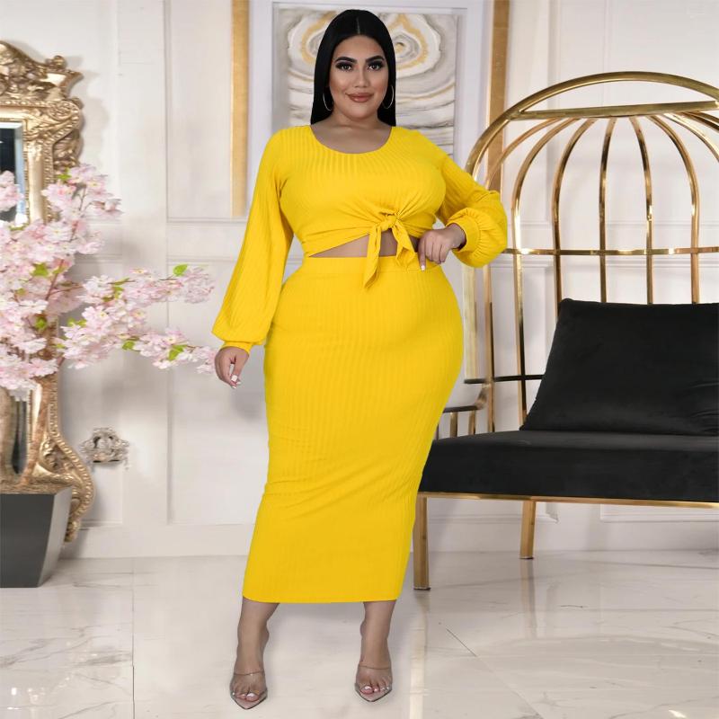 

Tracksuits Plus Size Ribbed Women Set Lantern Sleeve Bow Tie Top And Bodycon Skirts Two Piece Party Casual Grote Maten Dames Kleding, Red