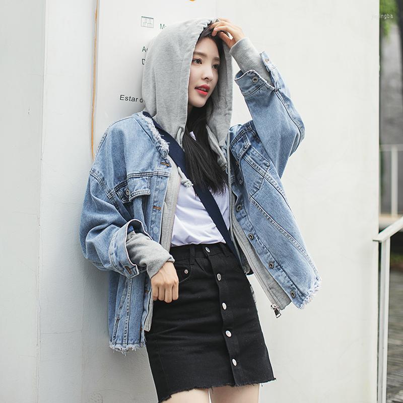 

Women' Jackets Denim Coat Female 2023 Spring Autumn Loose Personalized Stitching Sweater Hat Fake Two Student Jeans Jacket Women Ceket, Gray plus blue