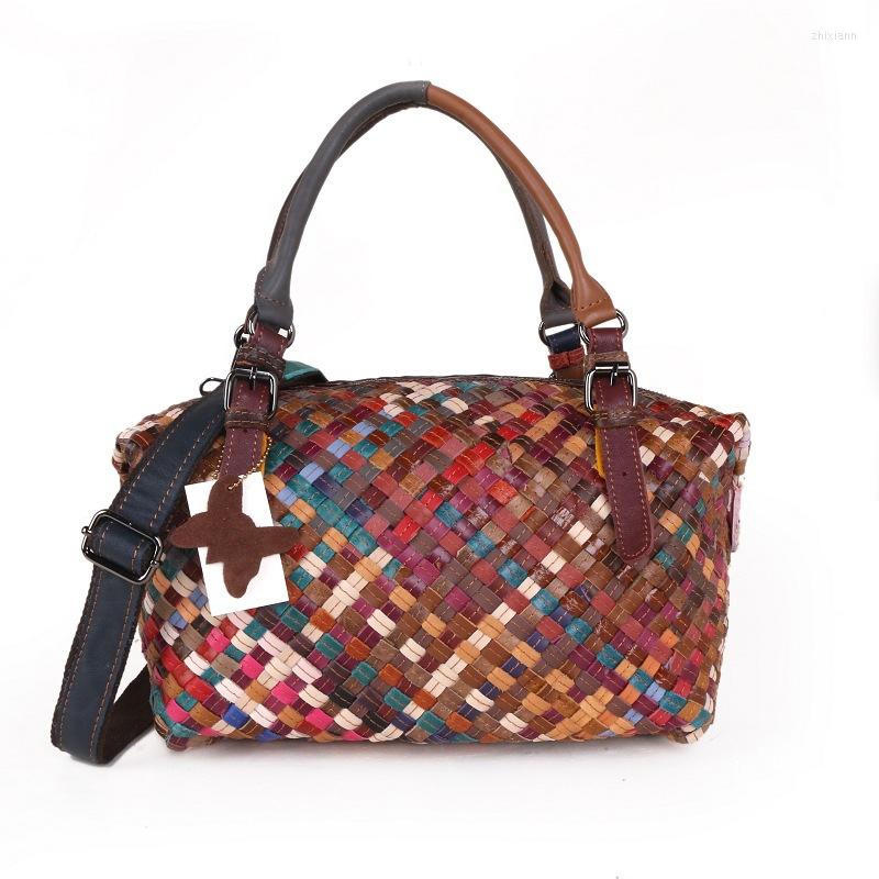 

Evening Bags Retro Genuine Leather Patchwork Bag For Women Design Real Tote Handbag Ladies Vintage Shoulder Work Crossbody Purses, Picture color