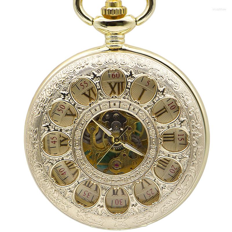 

Pocket Watches Full Gold Hollow Flowers Mens Womens Mechanical Hand-Wind Retro Exquisite Roman Numerals With Fob Chain PJX1371, No box
