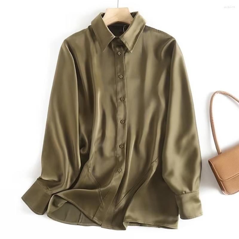 

Women' Blouses Maxdutti Fashion Office Lady Army Green Blouse Satin Long Sleeve Women Tops