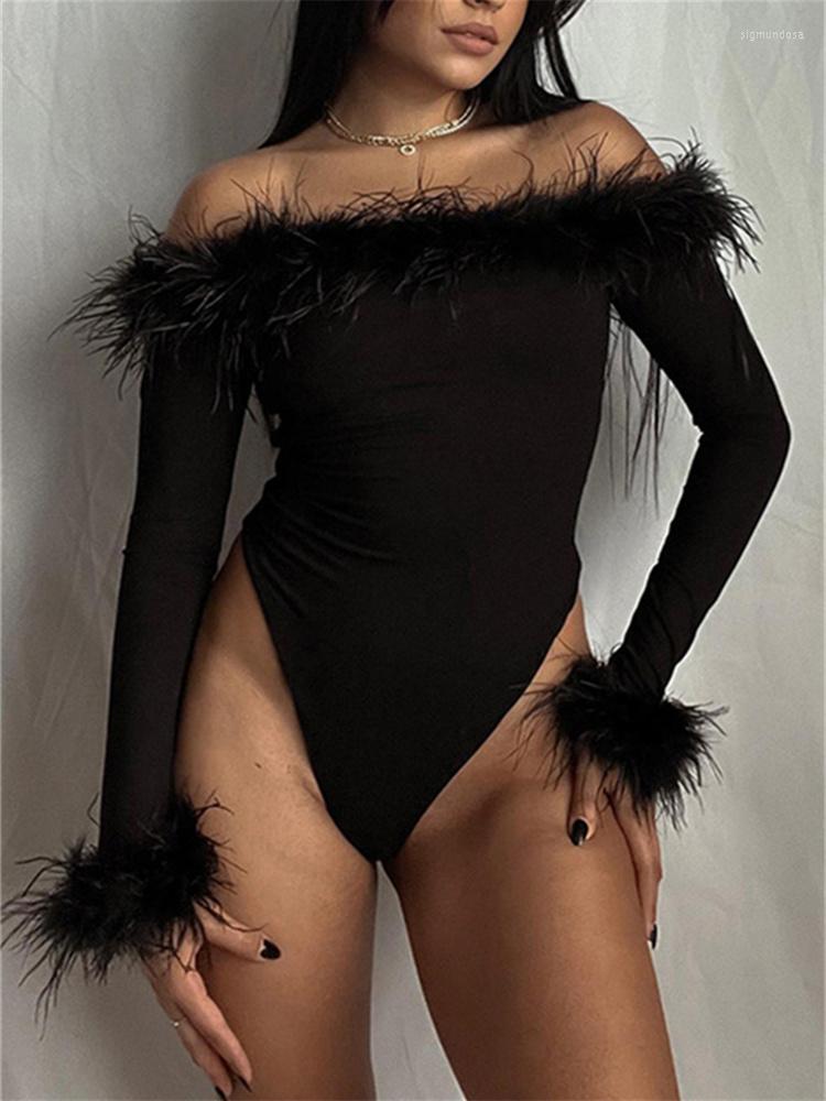 

Casual Dresses Vintage Sexy One-piece Women Bodysuits Shoulderless Long Sleeve Fall Winter Basic Tops Clothes Feather Splicing Skinny, Black