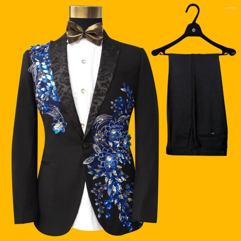 

Men' Suits -4xl 2023 Brand Blue Sequined Men Suit Jacket Slim Paillette Embroidered Formal Dress Party Prom Singer Stage Costumes