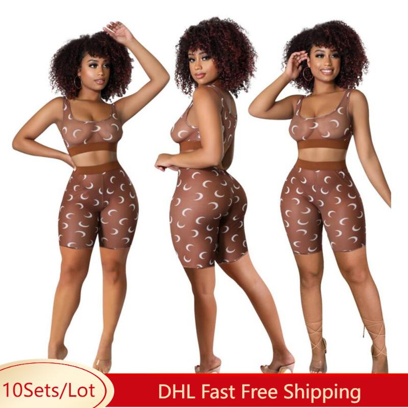 

Women' Tracksuits 10Sets Bulk Item Wholesale Women Two Piece Sets Outfit Printing Mesh Crop Tops Shorts Tracksuit Coffee Stretchy Clothes