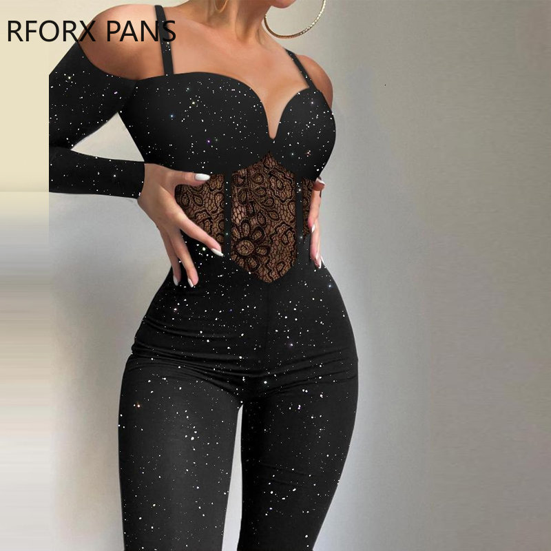

Sexy Set Women Glitter Deep V Neck Spaghetti Straps Design Bodycon Lace Patch Bright Line Deco Skinny Jumpsuit Sexy Dancing Jumpsuit 230202, Black