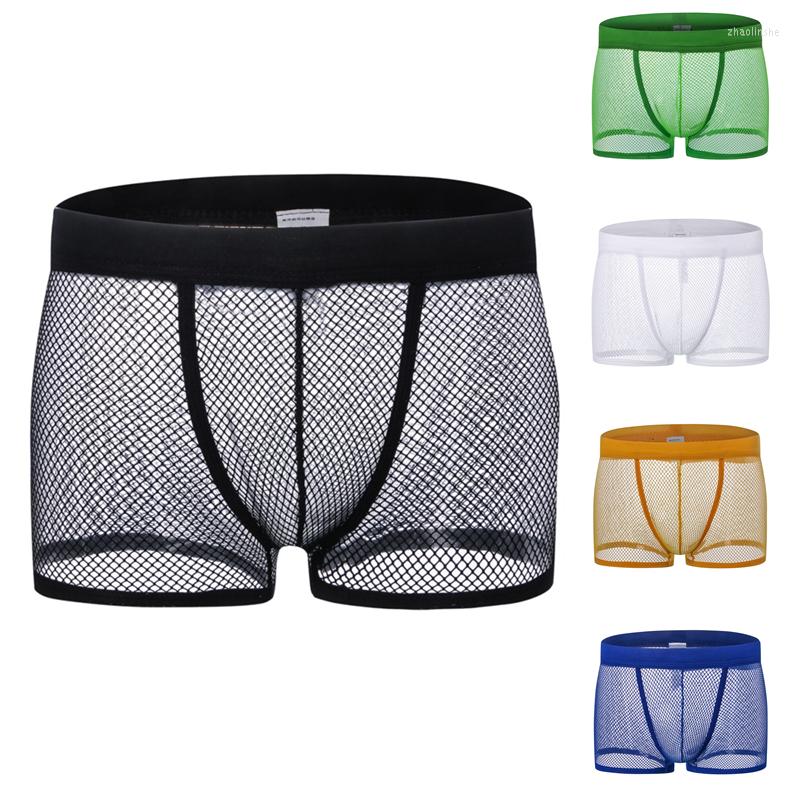 

Underpants Men Sexy Boxer Underwear Summer Hollow Out Solid Color Breathtable Mesh Transparent Low Rise Panties Fashion, Yellow