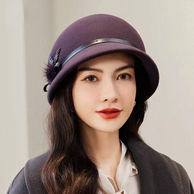 

Berets Hepburn Style Australia Wool Cloche Hat Female Party Fedora Lady Chic Felt Beret Woman Winter Irregular Top Cap, Black
