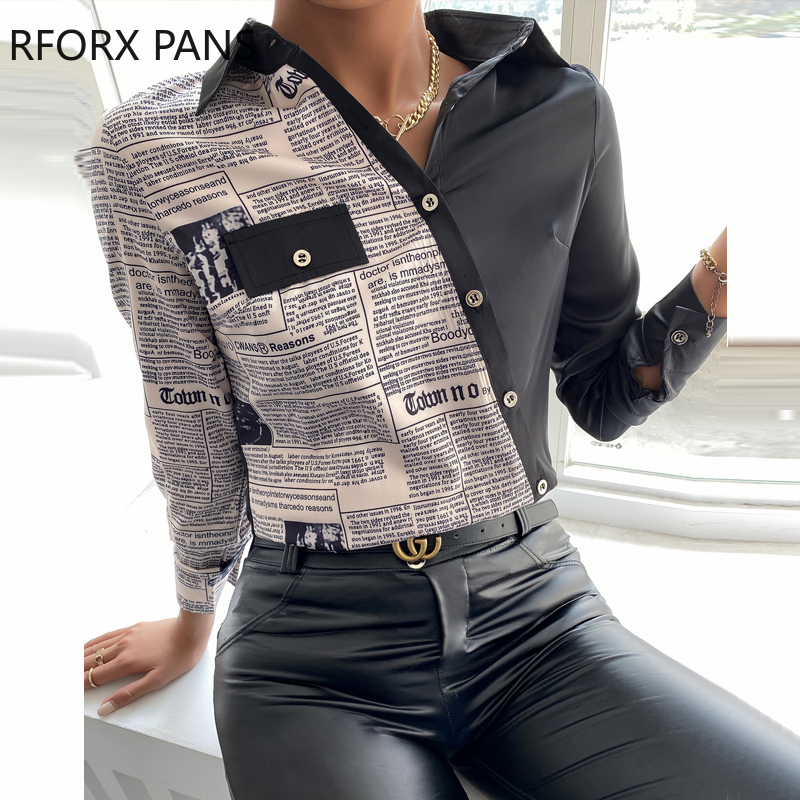 

Women's Blouses Shirts SpringLetter Print Long Sleeve Buttoned Up Casual Blouse Women Top 230202, Black