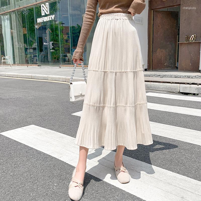 

Skirts Autumn And Winter Flannel High Waist Casual Puffy Skirt Women's Elastic Loose Drape Large Swing Calf Mid-Length Sk, Beige