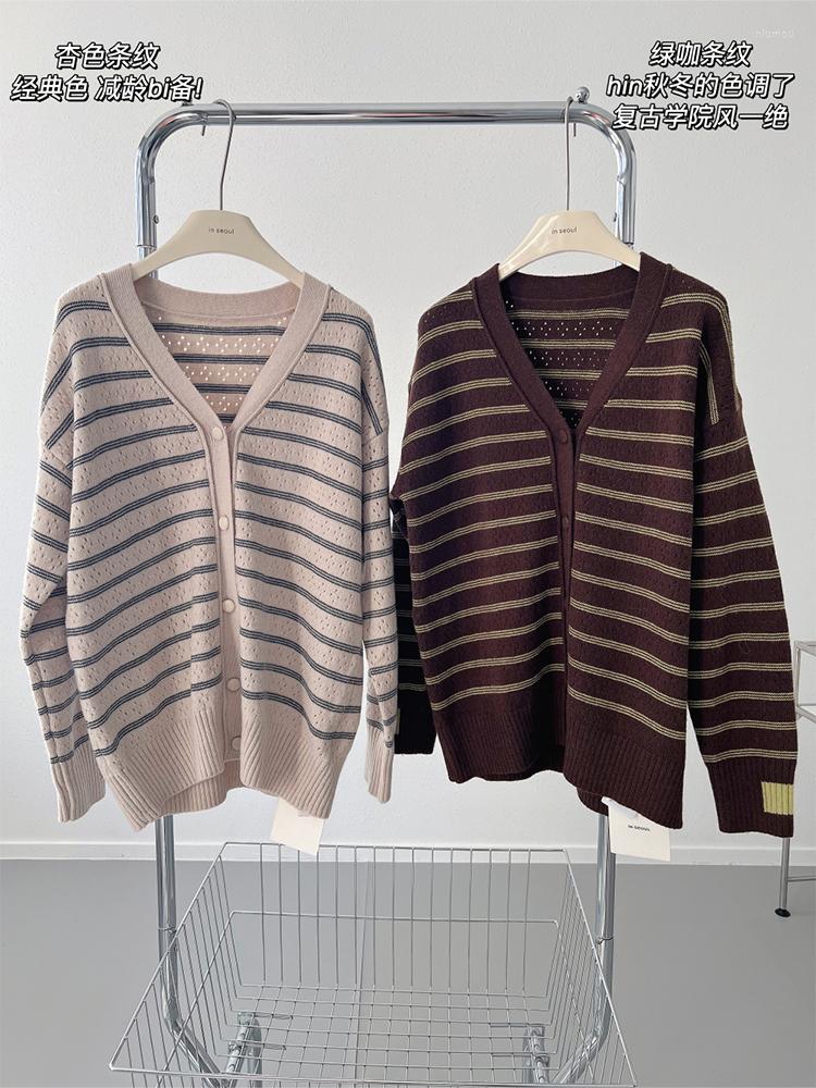 

Women's Knits Women Autumn Winter 2023 Vintage Striped Hollow Out Knitwear V-neck Long Sleeve Design Knit Cardigan Sweater Office Lady Chic, Khaki