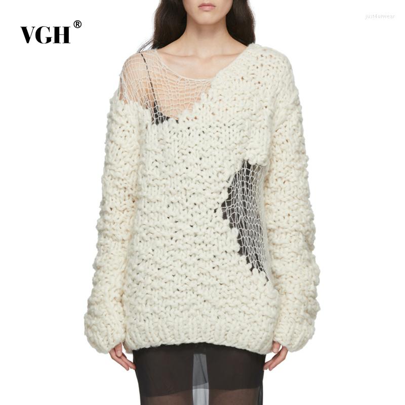 

Women' Sweaters VGH Casual Beige Irregular Cut Out Sweater Round Neck Long Sleeve Korean Fashion Loose Female 2023 Autumn, Black